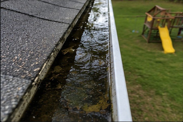 Stagnant water pooled in a clogged gutter above a Georgia backyard playset, an ideal mosquito breeding spot
