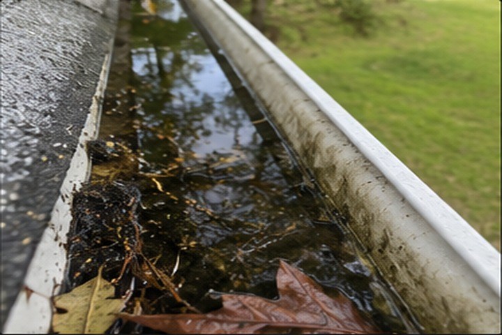 Stagnant water, floating leaves, and sludge sitting in a clogged gutter where mosquitoes breed near a Georgia home