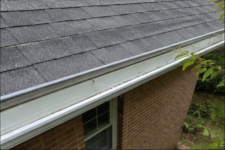 A Georgia home gutter that looks clean and clear when viewed from the ground below