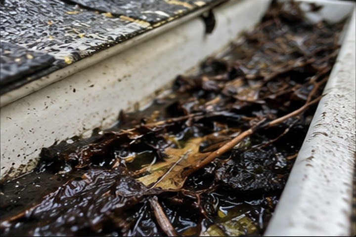 The same gutter up close, packed with wet rotting leaves and black debris hidden from view at ground level
