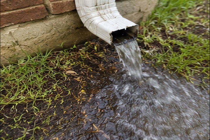 Downspout pouring rainwater directly onto the soil at the brick foundation of a Georgia home