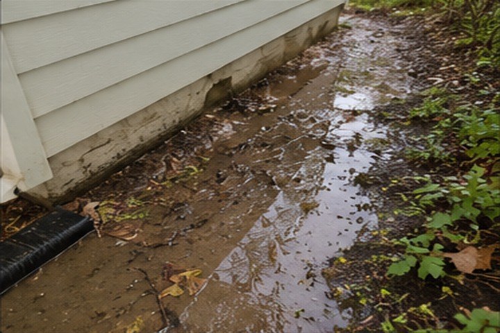 Muddy rainwater pooling against the siding and foundation of a Georgia home after a storm