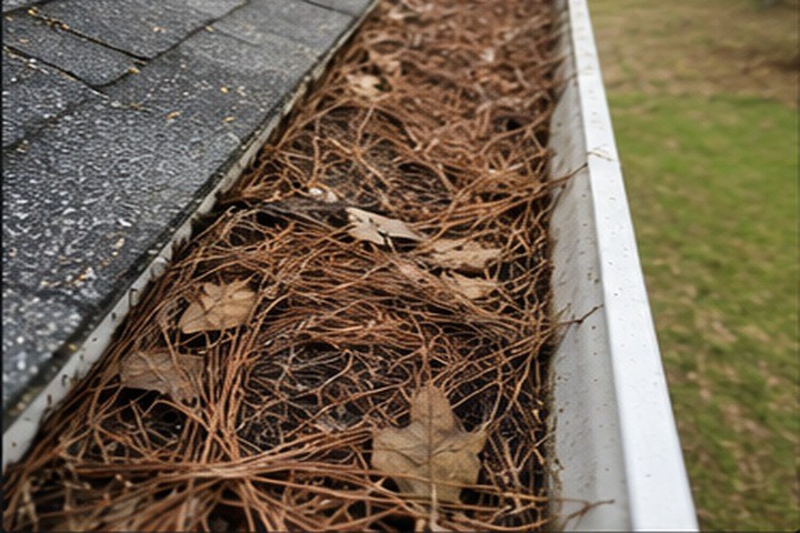 A North Georgia gutter completely packed with brown pine needles and oak leaves along the roofline