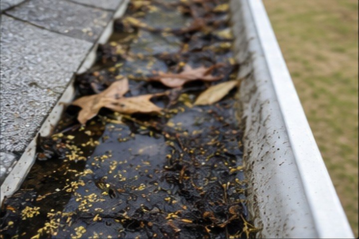 Standing water, soaked leaves, and pine debris clogging a North Georgia gutter beyond just pine needles